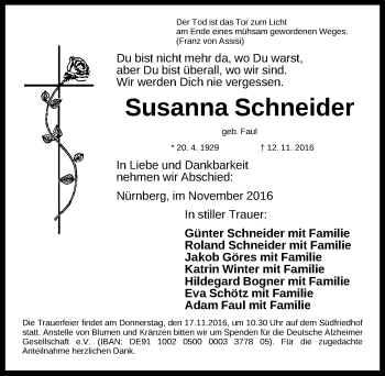 Traueranzeige von Susanna Schneider von Gesamtausgabe Nürnberger Nachrichten/ Nürnberger Ztg.