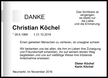 Traueranzeige von Christian Köchel von Neumarkter Nachrichten Lokal