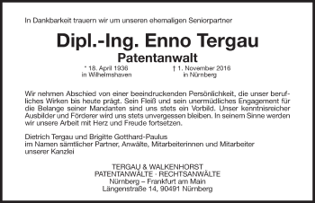 Traueranzeige von Enno Tergau von Gesamtausgabe Nürnberger Nachrichten/ Nürnberger Ztg.