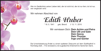 Traueranzeige von Edith Huber von Gesamtausgabe Nürnberger Nachrichten/ Nürnberger Ztg.