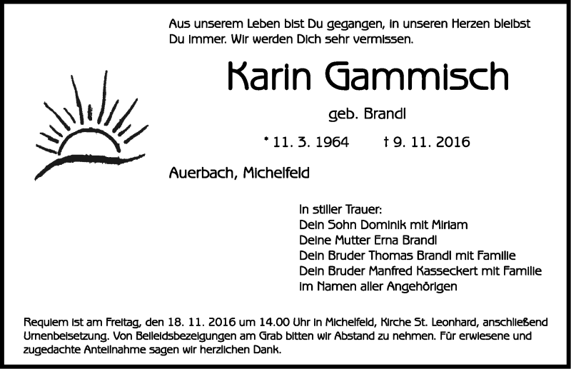  Traueranzeige für Karin Gammisch vom 12.11.2016 aus Nordbayerische Nachrichten Pegnitz Lokal