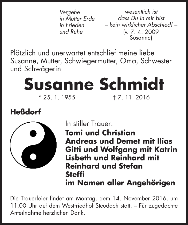  Traueranzeige für Susanne Schmidt vom 12.11.2016 aus Erlanger Nachrichten Lokal