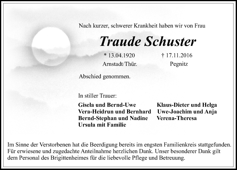  Traueranzeige für Traude Schuster vom 26.11.2016 aus Nordbayerische Nachrichten Pegnitz Lokal