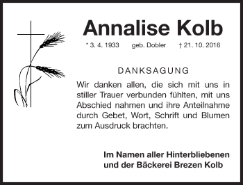 Traueranzeige von Annalise Kolb von Gesamtausgabe Nürnberger Nachrichten/ Nürnberger Ztg.