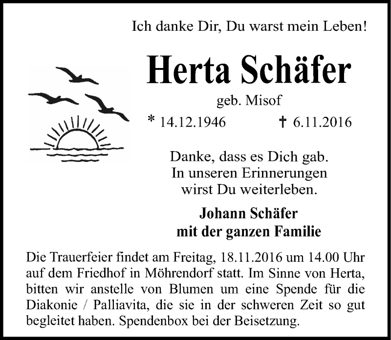  Traueranzeige für Herta Schäfer vom 12.11.2016 aus Erlanger Nachrichten Lokal