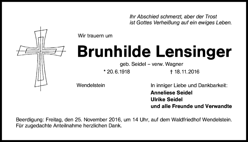  Traueranzeige für Brunhilde Lensinger vom 22.11.2016 aus Schwabach