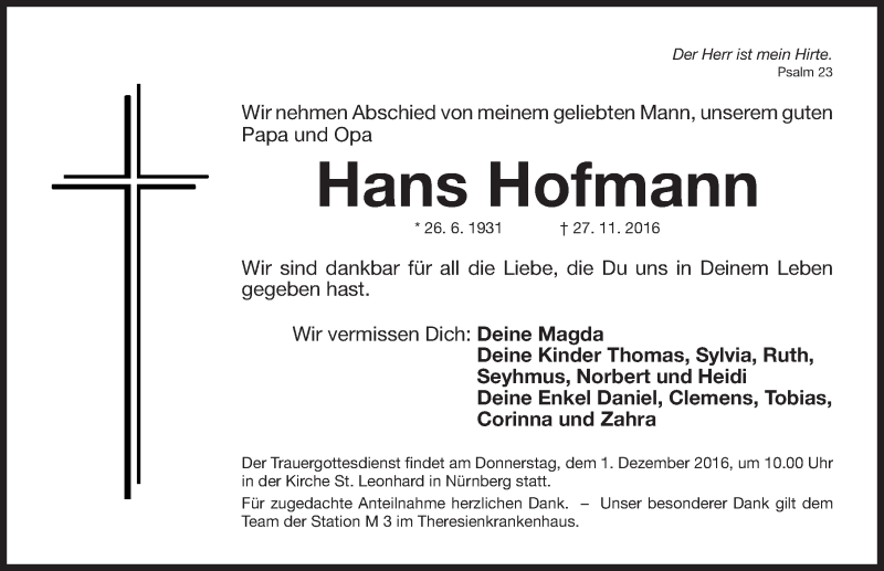  Traueranzeige für Hans Hofmann vom 30.11.2016 aus Gesamtausgabe Nürnberger Nachrichten/ Nürnberger Ztg.