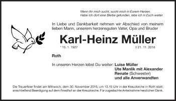 Traueranzeige von Karl-Heinz Müller von Roth-Hilpoltsteiner Volkszeitung Lokal