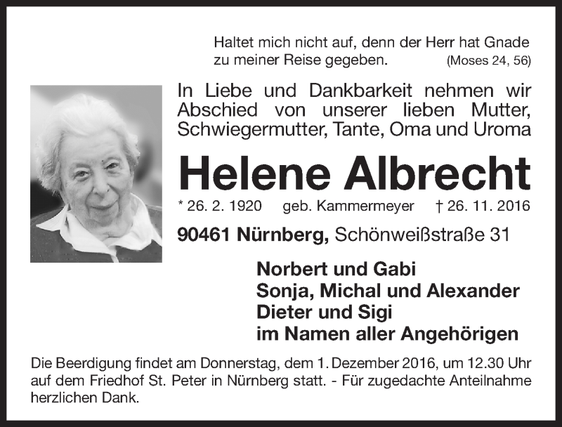  Traueranzeige für Helene Albrecht vom 30.11.2016 aus Gesamtausgabe Nürnberger Nachrichten/ Nürnberger Ztg.