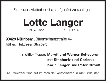 Traueranzeige von Lotte Langer von Gesamtausgabe Nürnberger Nachrichten/ Nürnberger Ztg.