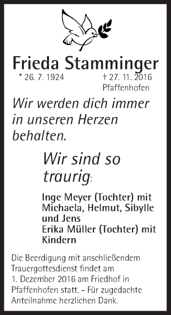 Traueranzeige von Frieda Stamminger von Roth-Hilpoltsteiner Volkszeitung Lokal