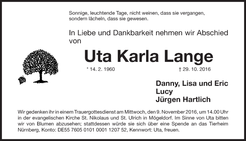  Traueranzeige für Uta Karla Lange vom 05.11.2016 aus Gesamtausgabe Nürnberger Nachrichten/ Nürnberger Ztg.