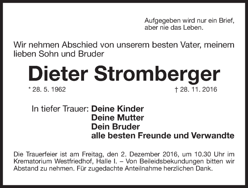  Traueranzeige für Dieter Stromberger vom 01.12.2016 aus Gesamtausgabe Nürnberger Nachrichten/ Nürnberger Ztg.
