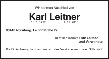 Traueranzeige von Karl Leitner von Gesamtausgabe Nürnberger Nachrichten/ Nürnberger Ztg.