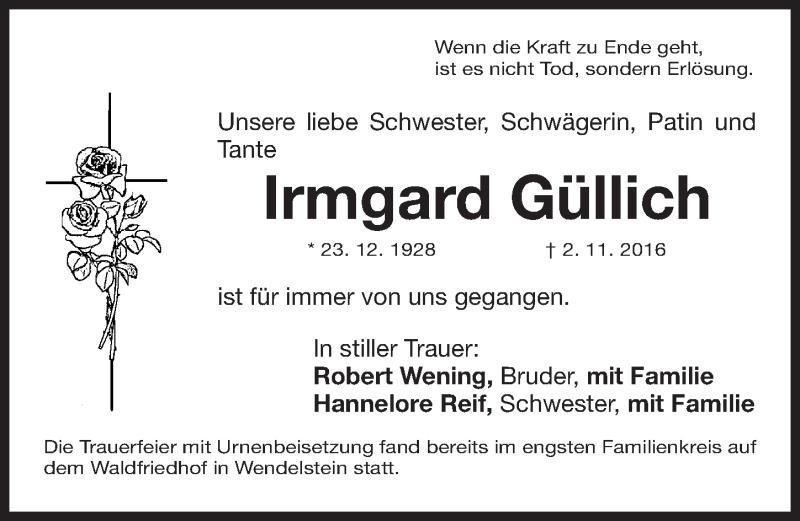  Traueranzeige für Irmgard Güllich vom 19.11.2016 aus Gesamtausgabe Nürnberger Nachrichten/ Nürnberger Ztg.