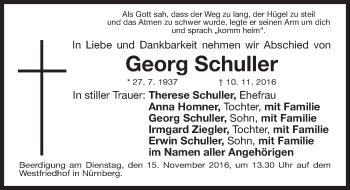 Traueranzeige von Georg Schuller von Gesamtausgabe Nürnberger Nachrichten/ Nürnberger Ztg.