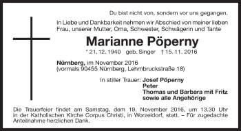 Traueranzeige von Marianne Pöperny von Gesamtausgabe Nürnberger Nachrichten/ Nürnberger Ztg.