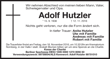 Traueranzeige von Adolf Hutzler von Fürther Nachrichten Lokal