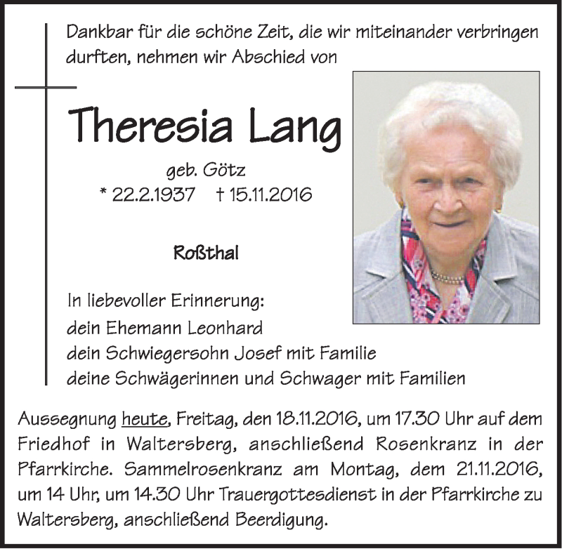 Traueranzeigen Von Theresia Lang | Trauer.nn.de