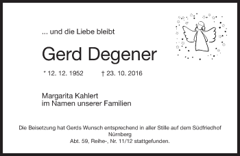 Traueranzeige von Gerd Degener von Gesamtausgabe Nürnberger Nachrichten/ Nürnberger Ztg.