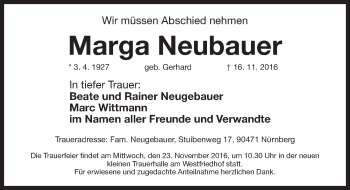 Traueranzeige von Marga Neubauer von Gesamtausgabe Nürnberger Nachrichten/ Nürnberger Ztg.