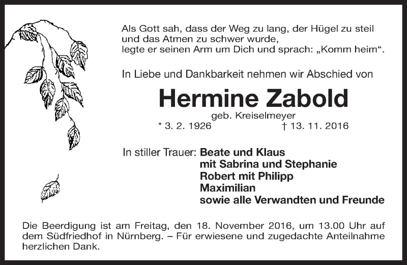  Traueranzeige für Hermine Zabold vom 16.11.2016 aus Gesamtausgabe Nürnberger Nachrichten/ Nürnberger Ztg.