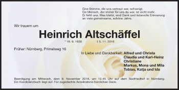 Traueranzeige von Heinrich Altschäffel von Gesamtausgabe Nürnberger Nachrichten/ Nürnberger Ztg.
