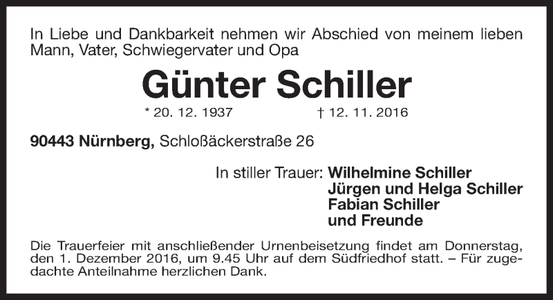  Traueranzeige für Günter Schiller vom 29.11.2016 aus Gesamtausgabe Nürnberger Nachrichten/ Nürnberger Ztg.