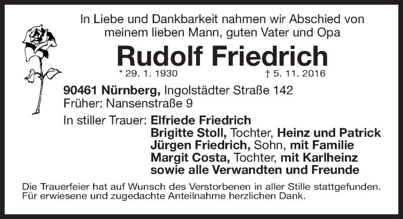  Traueranzeige für Rudolf Friedrich vom 12.11.2016 aus Gesamtausgabe Nürnberger Nachrichten/ Nürnberger Ztg.