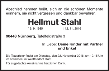 Traueranzeige von Hellmut Stahl von Gesamtausgabe Nürnberger Nachrichten/ Nürnberger Ztg.