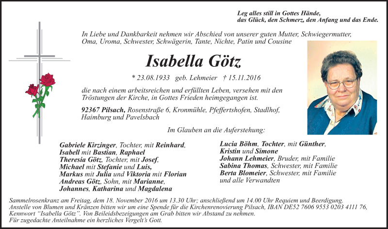 Traueranzeigen von Isabella Götz | trauer.nn.de