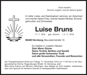 Traueranzeige von Luise Bruns von Gesamtausgabe Nürnberger Nachrichten/ Nürnberger Ztg.