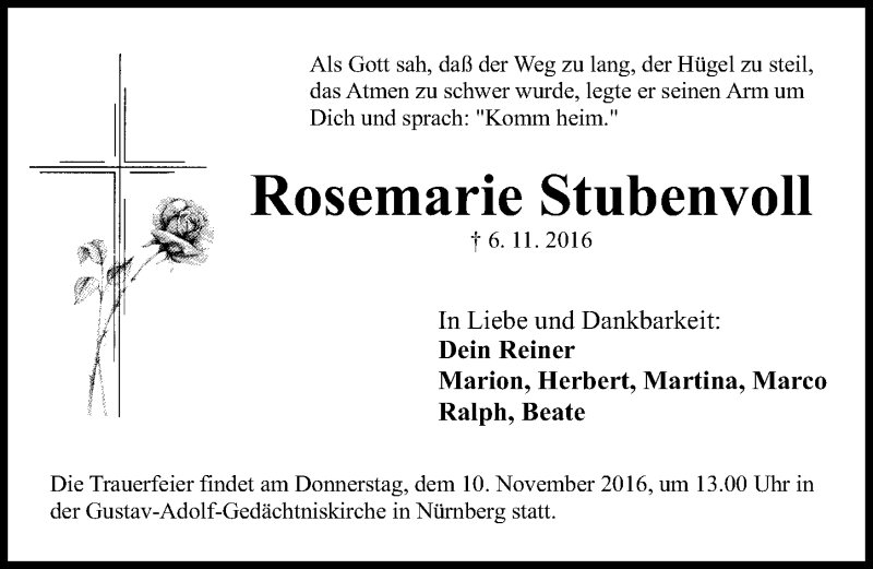  Traueranzeige für Rosemarie Stubenvoll vom 09.11.2016 aus Gesamtausgabe Nürnberger Nachrichten/ Nürnberger Ztg.
