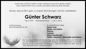 Traueranzeige von Günter Schwarz von Gesamtausgabe Nürnberger Nachrichten/ Nürnberger Ztg.