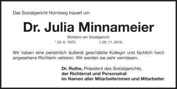 Traueranzeige von Julia Minnameier von Gesamtausgabe Nürnberger Nachrichten/ Nürnberger Ztg.