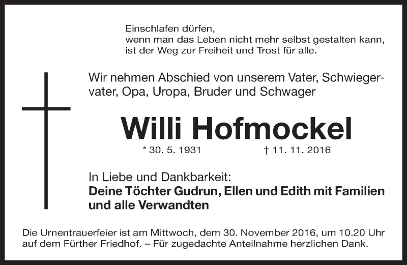  Traueranzeige für Willi Hofmockel vom 26.11.2016 aus Fürther Nachrichten Lokal