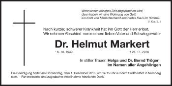 Traueranzeige von Helmut Markert von Gesamtausgabe Nürnberger Nachrichten/ Nürnberger Ztg.