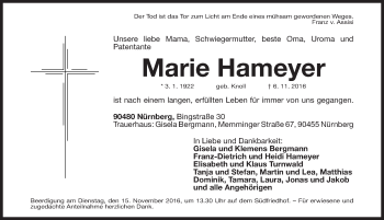 Traueranzeige von Marie Hameyer von Gesamtausgabe Nürnberger Nachrichten/ Nürnberger Ztg.