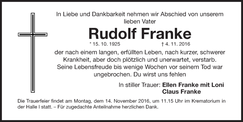  Traueranzeige für Rudolf Franke vom 10.11.2016 aus Gesamtausgabe Nürnberger Nachrichten/ Nürnberger Ztg.