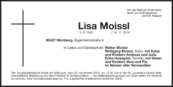 Traueranzeige von Lisa Moissl von Gesamtausgabe Nürnberger Nachrichten/ Nürnberger Ztg.