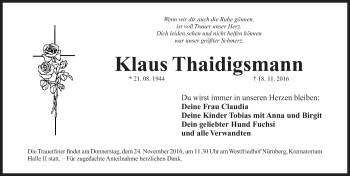 Traueranzeige von Klaus Thaidigsmann von Gesamtausgabe Nürnberger Nachrichten/ Nürnberger Ztg.