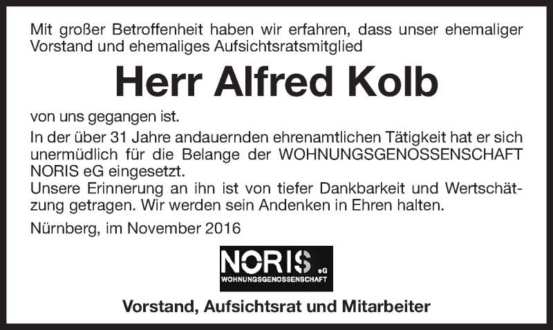  Traueranzeige für Alfred Kolb vom 03.11.2016 aus Gesamtausgabe Nürnberger Nachrichten/ Nürnberger Ztg.