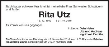 Traueranzeige von Rita Utz von Gesamtausgabe Nürnberger Nachrichten/ Nürnberger Ztg.