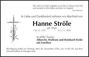 Traueranzeige von Hanne Ströle von Erlanger Nachrichten Lokal