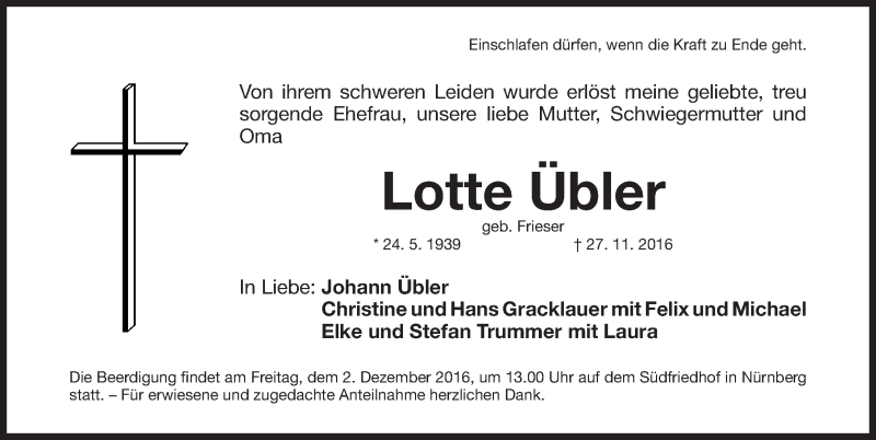  Traueranzeige für Lotte Übler vom 30.11.2016 aus Gesamtausgabe Nürnberger Nachrichten/ Nürnberger Ztg.