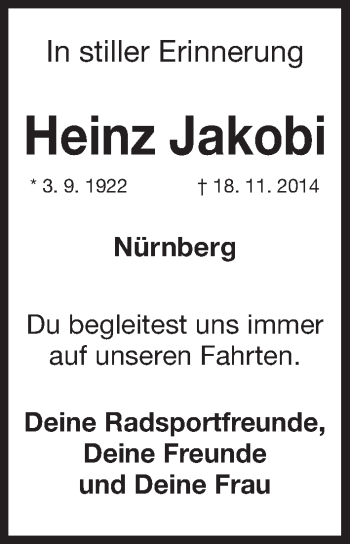 Traueranzeige von Heinz Jakobi von Gesamtausgabe Nürnberger Nachrichten/ Nürnberger Ztg.