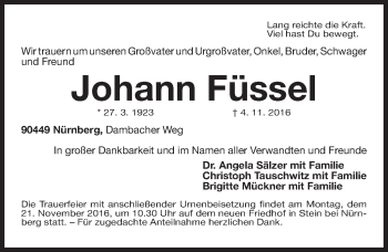 Traueranzeige von Johann Füssel von Gesamtausgabe Nürnberger Nachrichten/ Nürnberger Ztg.