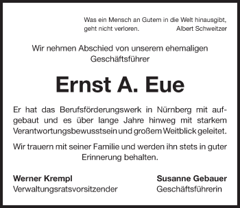 Traueranzeige von Ernst A. Eue von Gesamtausgabe Nürnberger Nachrichten/ Nürnberger Ztg.