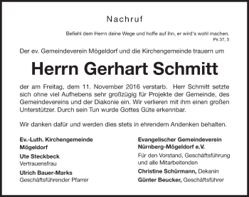 Traueranzeige von Gerhart Schmitt von Gesamtausgabe Nürnberger Nachrichten/ Nürnberger Ztg.
