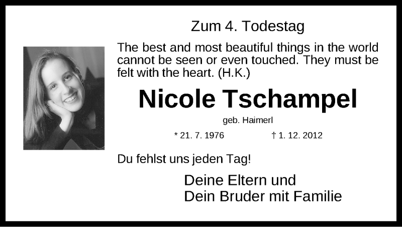  Traueranzeige für Nicole Tschampel vom 01.12.2016 aus Fürther Nachrichten Lokal